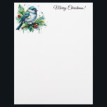 Little Bird and Christmas Greens Letterhead<br><div class="desc">A watercolor and splatter paint image of a cute,  little bird perched on an evergreen branch with red berries creates a charming holiday stationery.  Perfect for anyone who loves birds and nature.</div>