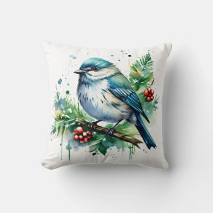 Little Bird and Christmas Greens Throw Pillow