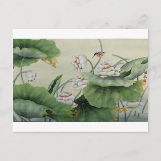 LITTLE BIRD AND LOTUS JAPANESE VINTAGE POSTCARD