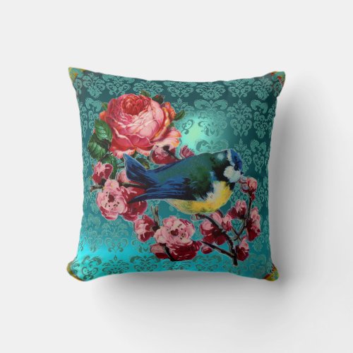 LITTLE BIRD AND PINK ROSES AQUA BLUETEAL DAMASK THROW PILLOW