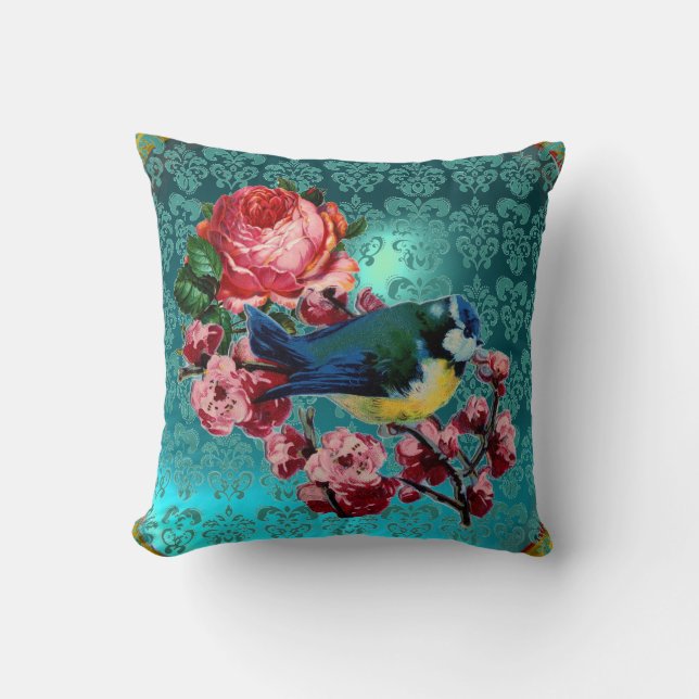 LITTLE BIRD AND PINK ROSES AQUA BLUE,TEAL DAMASK THROW PILLOW (Front)