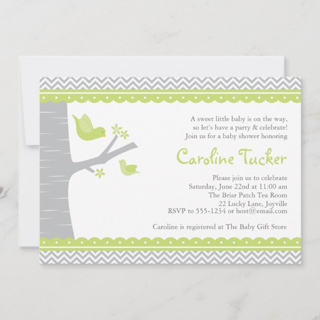 Little Bird Baby Shower Invitation, Green and Gray Invitation (Front)