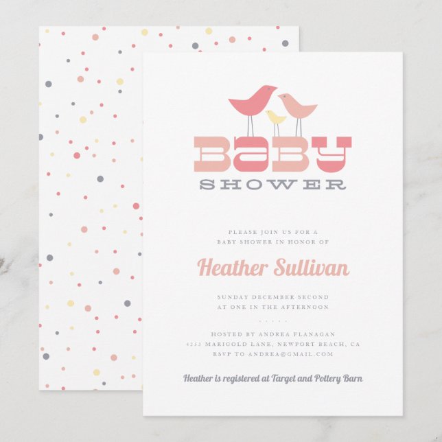Little Bird Baby Shower Invitation - Pink (Front/Back)