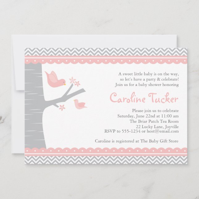 Little Bird Baby Shower Invitation - Pink and Gray (Front)