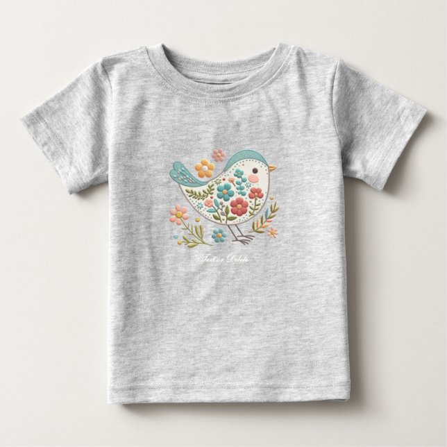Little Bird Blue Pink Flowers Baby T-Shirt (Front)