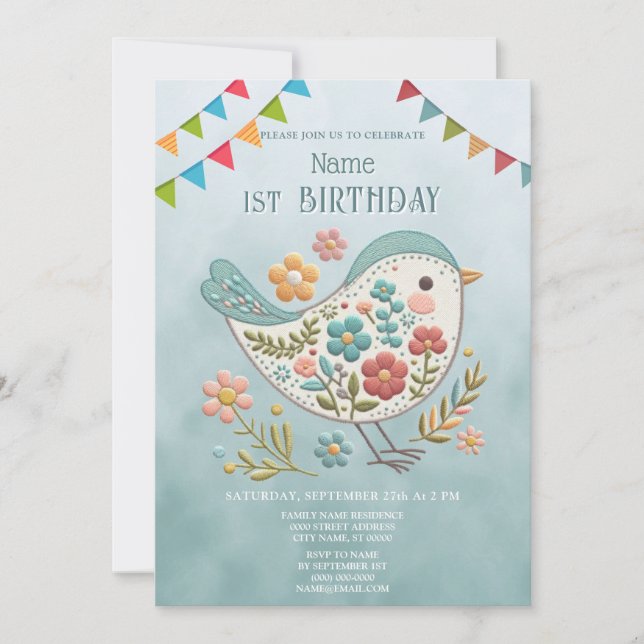 Little Bird Blue Pink Flowers Birthday Party Invitation (Front)