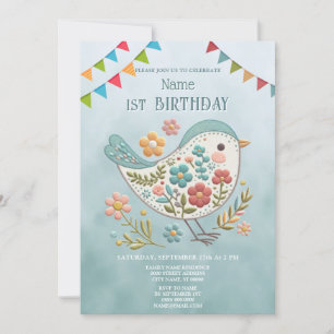 Little Bird Blue Pink Flowers Birthday Party Invitation