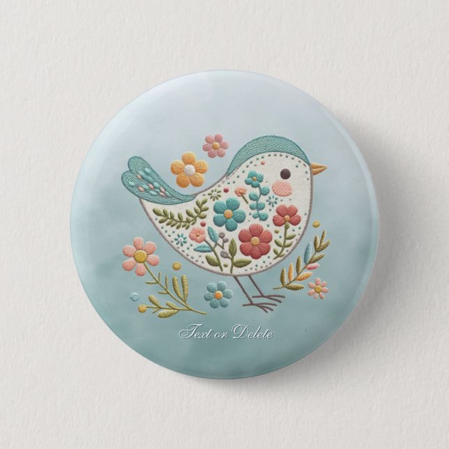 Little Bird Blue Pink Flowers Button (Front)