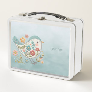 Little Bird Blue Pink Flowers Metal Lunch Box