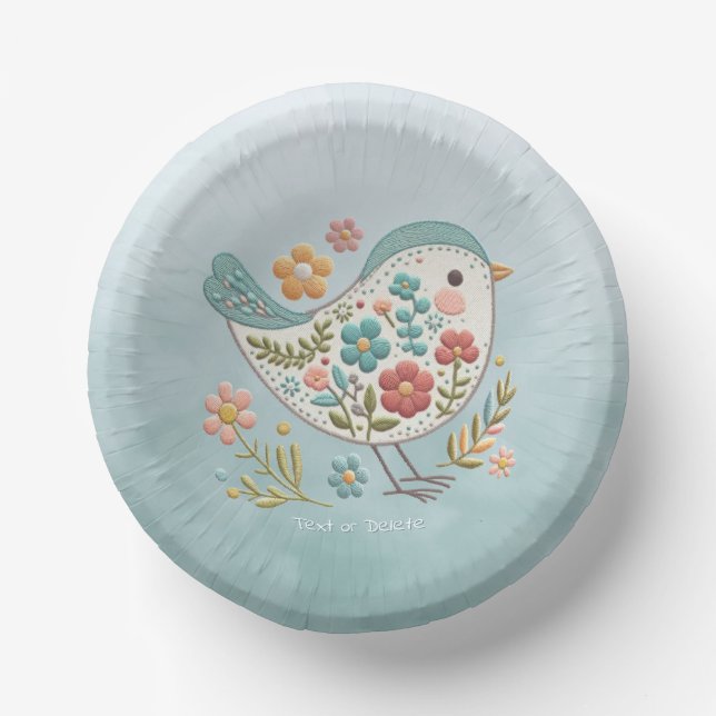 Little Bird Blue Pink Flowers Paper Bowl (Front)