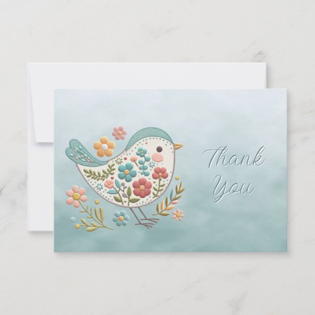Little Bird Blue Pink Flowers Thank You Card (Front)