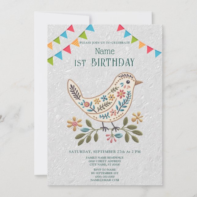 Little Bird Colorful Floral Birthday Party Invitation (Front)
