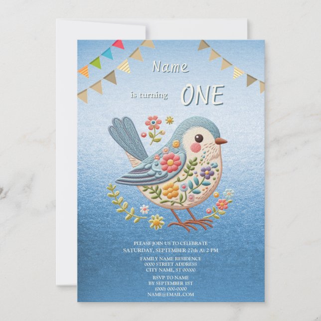 Little Bird Floral Blue Birthday Party Invitation (Front)