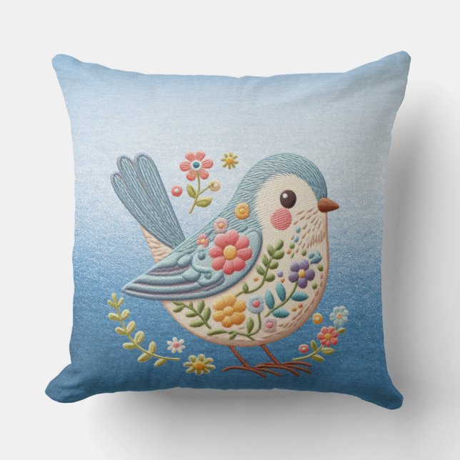 Little Bird Floral Blue Throw Pillow (Front)