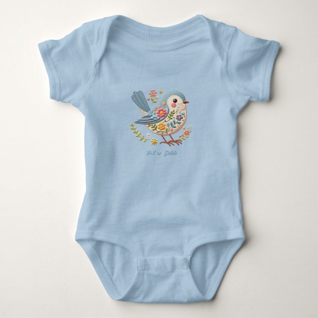 Little Bird Floral Embroidery Blue Baby Bodysuit (Front)