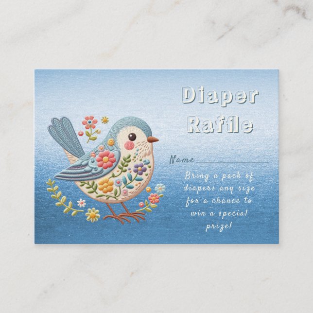 Little Bird Floral Embroidery Blue Baby Shower Enclosure Card (Front)