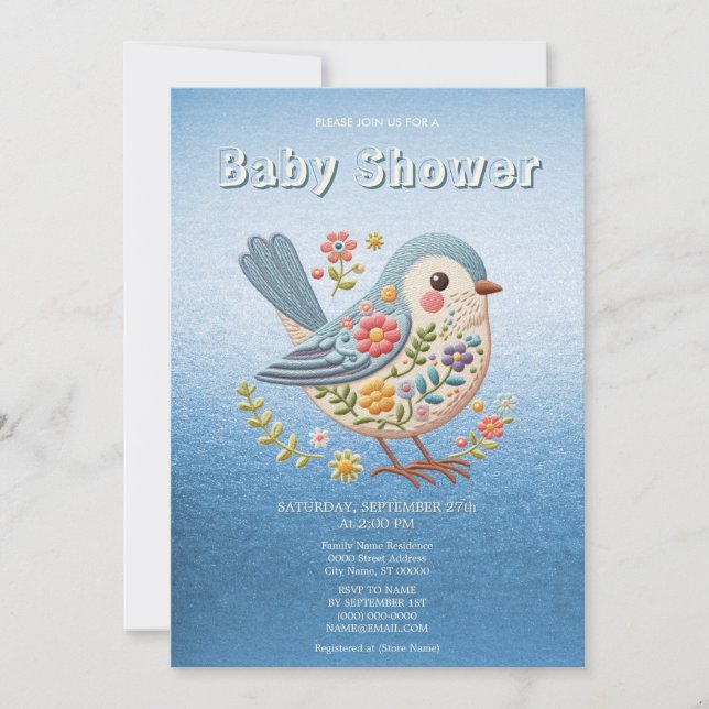 Little Bird Floral Embroidery Blue Baby Shower Inv Invitation (Front)