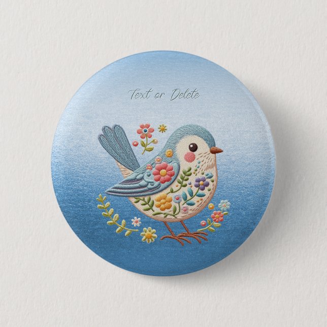 Little Bird Floral Embroidery Blue Button (Front)