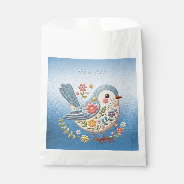 Little Bird Floral Embroidery Blue Favor Bags (Front)