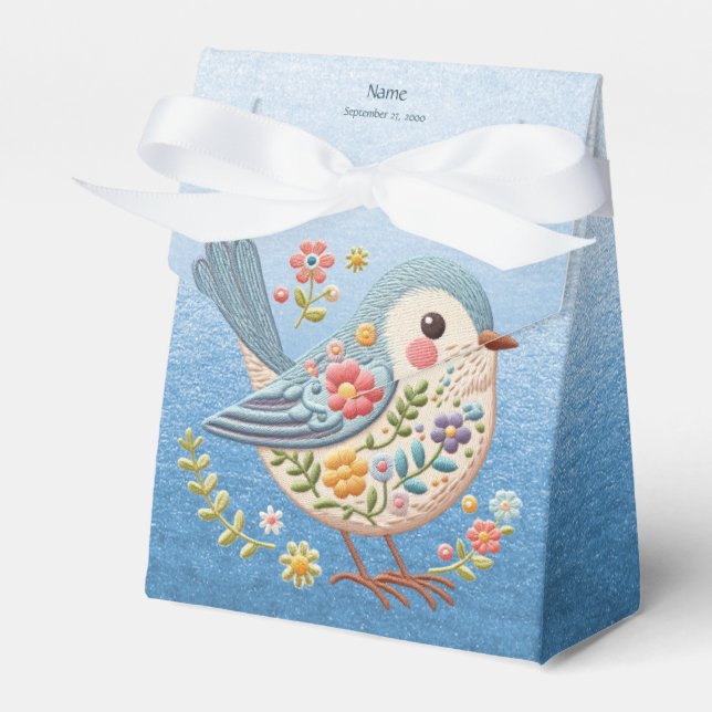 Little Bird Floral Embroidery Blue Favor Box (Front Side)