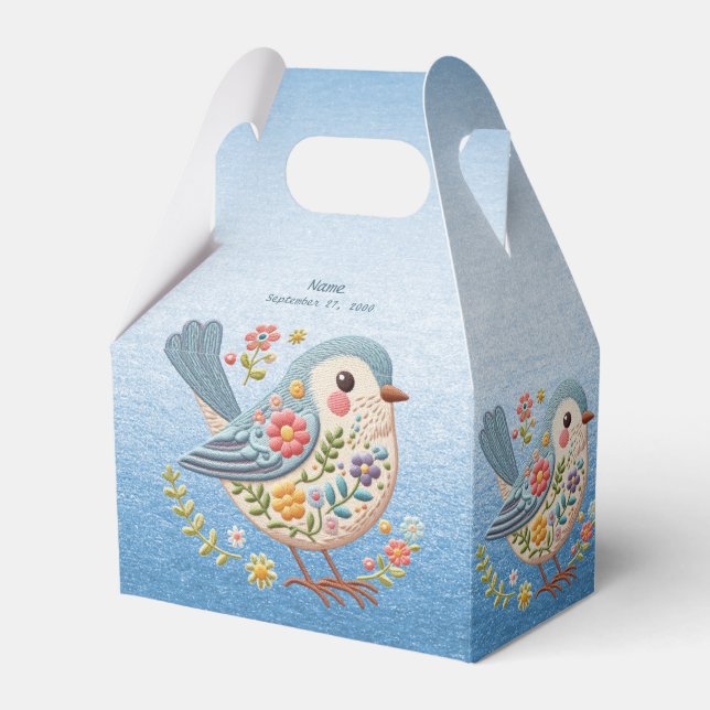 Little Bird Floral Embroidery Blue Favor Box (Front Side)