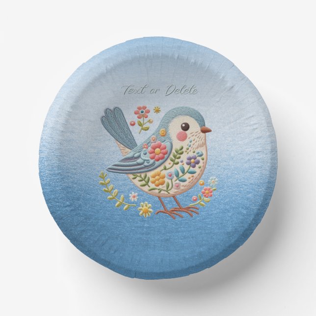 Little Bird Floral Embroidery Blue Paper Bowl (Front)