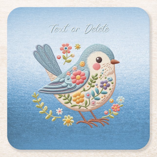 Little Bird Floral Embroidery Blue Paper Coaster (Front)