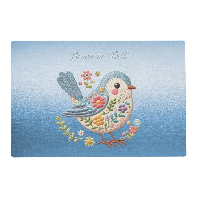 Little Bird Floral Embroidery Blue Placemat (Front)