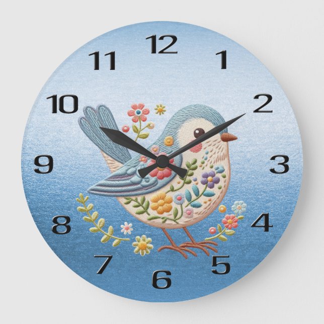 Little Bird Floral Embroidery Blue Wall Clock (Front)