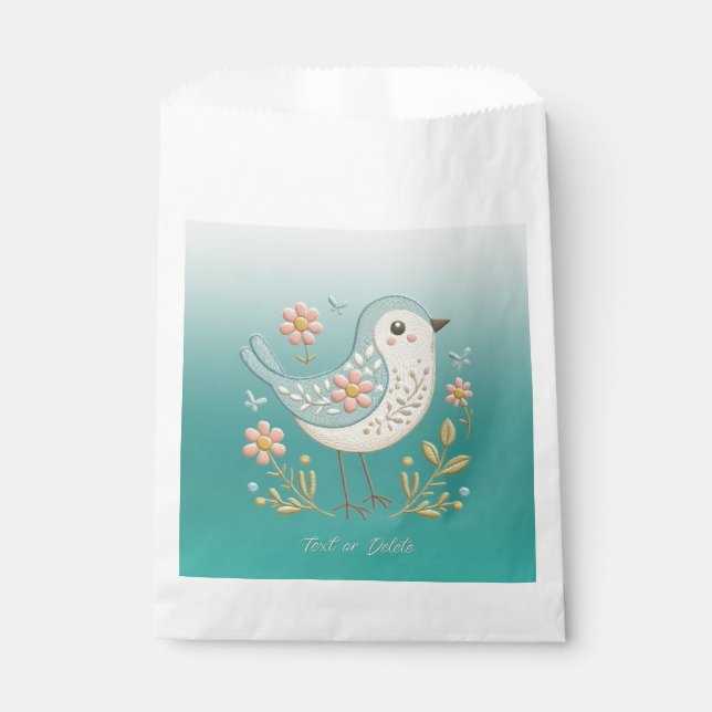 Little Bird Floral Embroidery Green Favor Bags (Front)