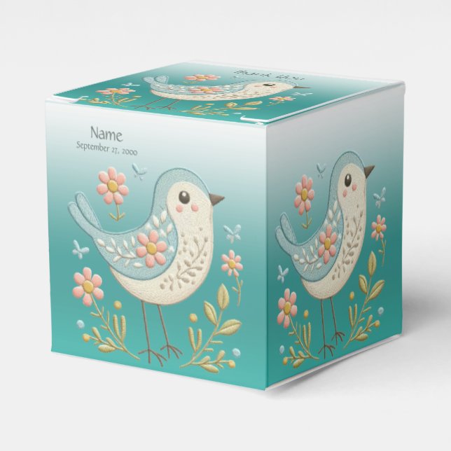 Little Bird Floral Embroidery Green Favor Box (Front Side)