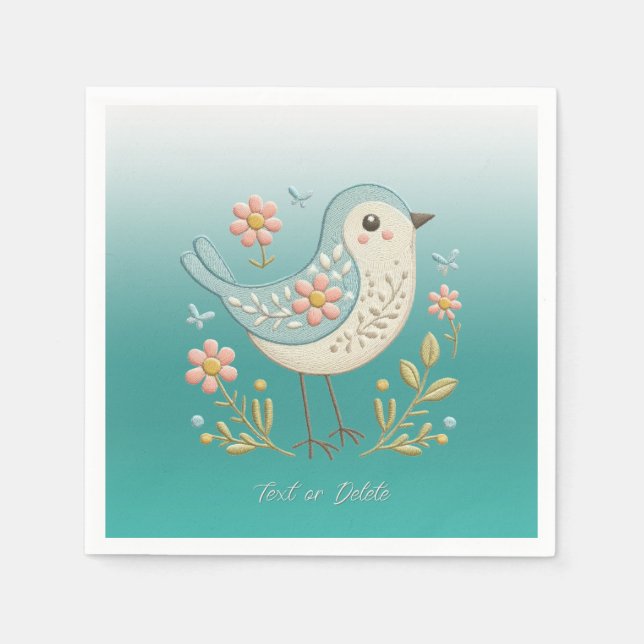 Little Bird Floral Embroidery Green Napkins (Front)