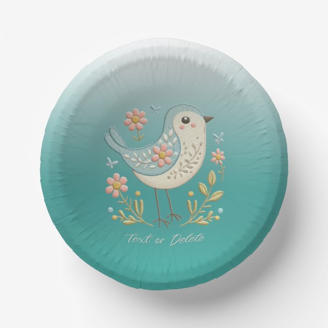 Little Bird Floral Embroidery Green Paper Bowl (Front)