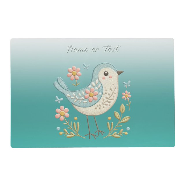 Little Bird Floral Embroidery Green Placemat (Front)