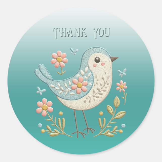 Little Bird Floral Embroidery Green Sticker (Front)