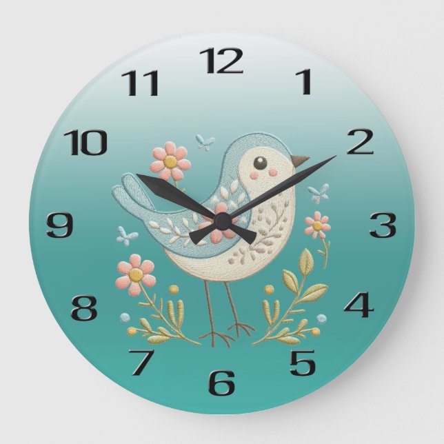 Little Bird Floral Embroidery Green Wall Clock (Front)