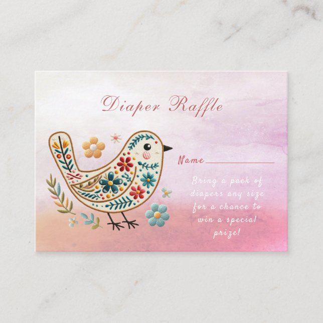 Little Bird Floral Embroidery Pink Baby Shower Enclosure Card (Front)