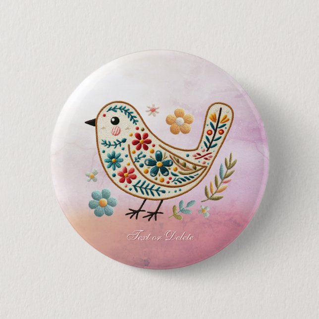 Little Bird Floral Embroidery Pink Button (Front)