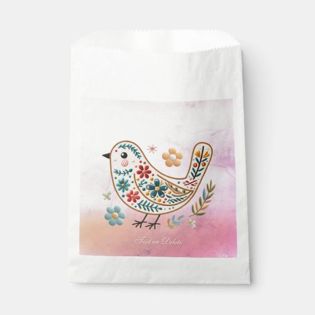 Little Bird Floral Embroidery Pink Favor Bags (Front)