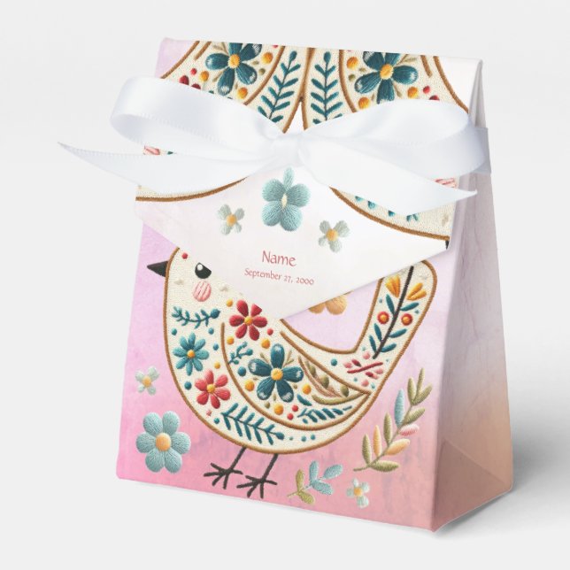 Little Bird Floral Embroidery Pink Favor Box (Front Side)