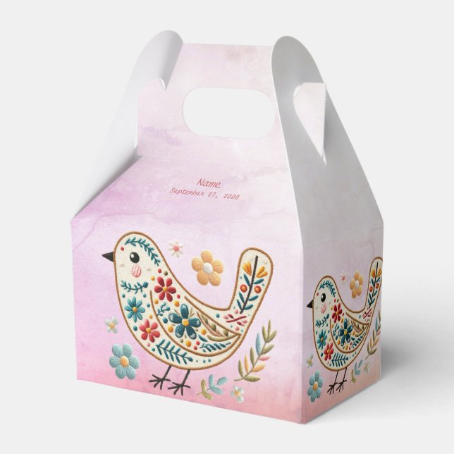 Little Bird Floral Embroidery Pink Favor Box (Front Side)