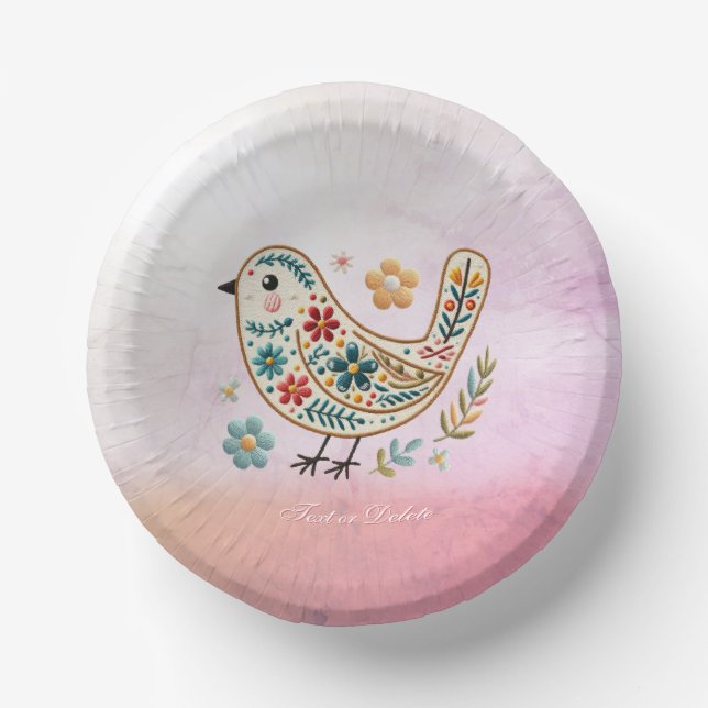 Little Bird Floral Embroidery Pink Paper Bowl (Front)