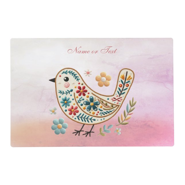 Little Bird Floral Embroidery Pink Placemat (Front)