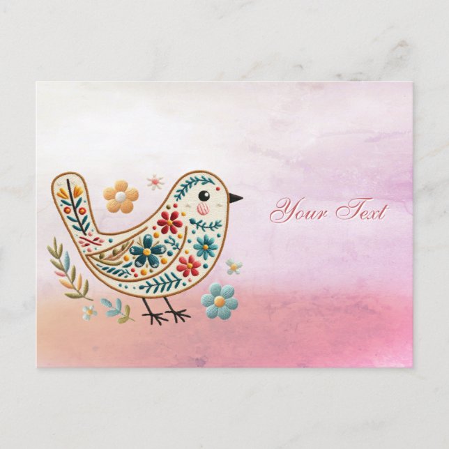 Little Bird Floral Embroidery Pink Postcard (Front)