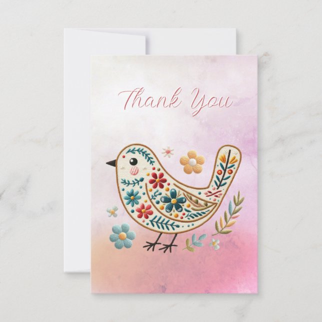 Little Bird Floral Embroidery Pink Thank You Card (Front)
