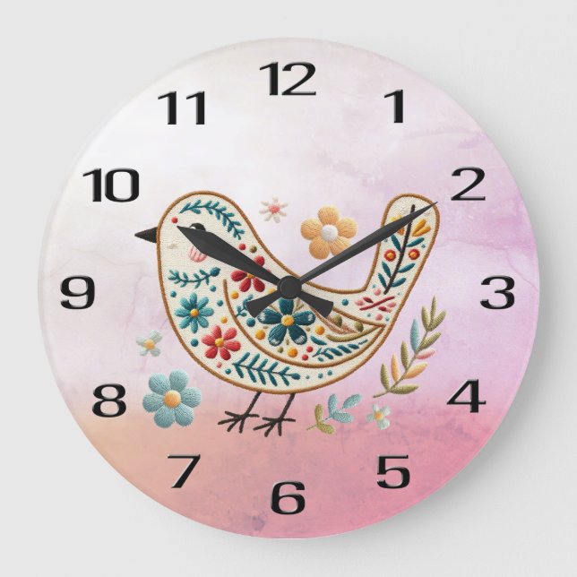 Little Bird Floral Embroidery Pink Wall Clock (Front)