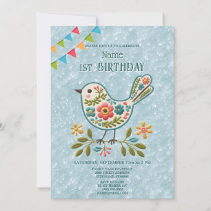 Little Bird Floral Green Birthday Party Invitation