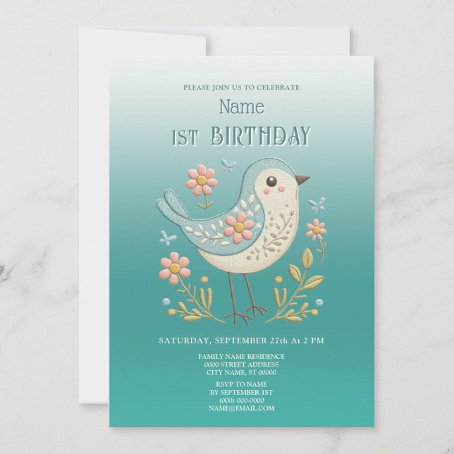 Little Bird Floral Green Birthday Party Invitation (Front)
