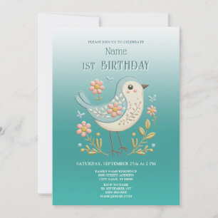 Little Bird Floral Green Birthday Party Invitation