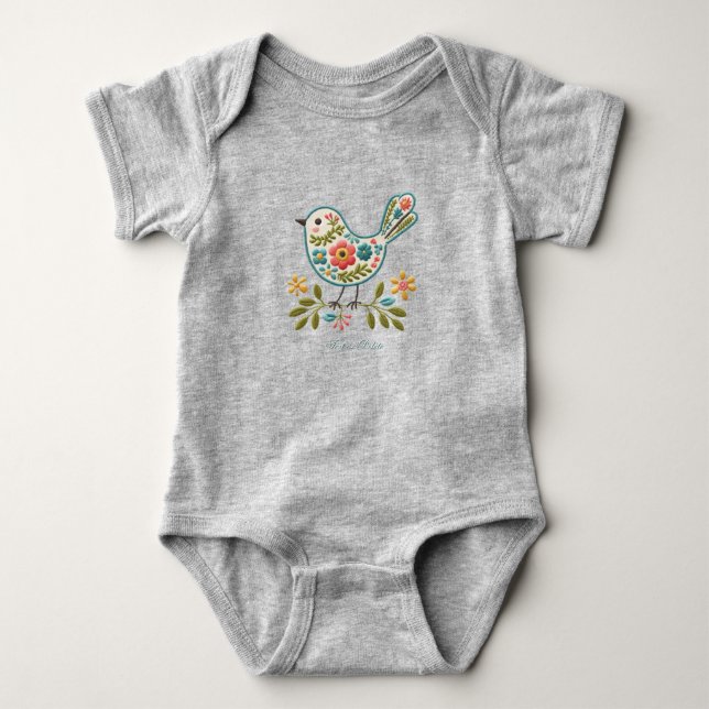 Little Bird Floral Green Leaves Baby Bodysuit (Front)
